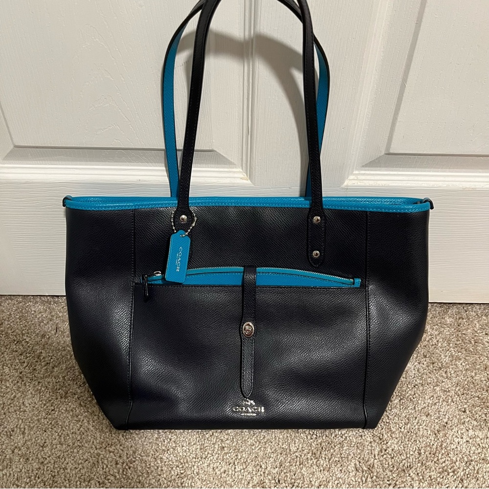 COACH city tote with pouch crossgrain leather navy #F55469